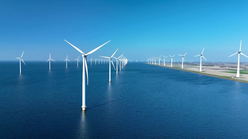 Dramatic aerial view of an offshore wind farm in the North Sea near the Netherlands. Rows of towering wind turbines harnessing wind energy on clear sunny days promote eco-friendly power solutions.