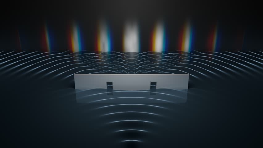 Double slit experiment in quantum physics producing interference pattern. Wave-particle duality concept.