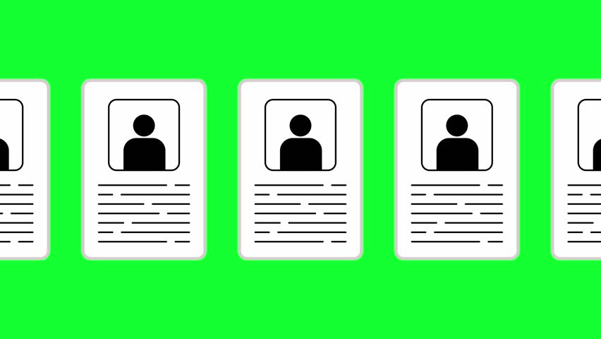 A dynamic animation of personal resumes being examined under a magnifying glass. This visual represents job recruitment, candidate evaluation, HR processes, and professional screening.