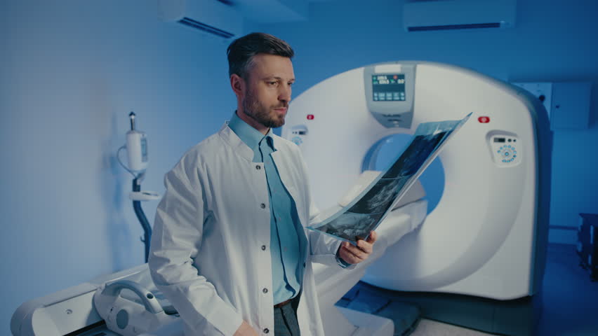 Skilled doctor holding pen and pointing at brain scan film during image evaluation. Handsome Caucasian male reviewing diagnostic results next to CT machine. Concentrating inside radiology room. - Powered by Shutterstock - Get 15% off with code: PIKWIZARD15
