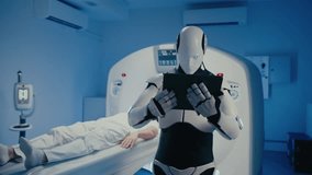 Futuristic humanoid robot holding tablet and analyzing patient medical data in high-tech diagnostic room. Robot standing in front of MRI scanner while person lying motionless on examination bed. - Powered by Shutterstock - Get 15% off with code: PIKWIZARD15