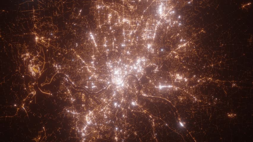 Cincinnati (Ohio, USA) aerial view at night. Top view on modern city with glow effect. Camera is zooming out, rotating counterclockwise