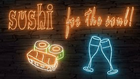 Sushi for the soul, golden text sushi and wine glasses illuminated 3d illustration fluorescent retro neon sign on dark wall, eye catching and sweet advertisement for Japanese restaurant, 10s 4k video - Powered by Shutterstock - Get 15% off with code: PIKWIZARD15