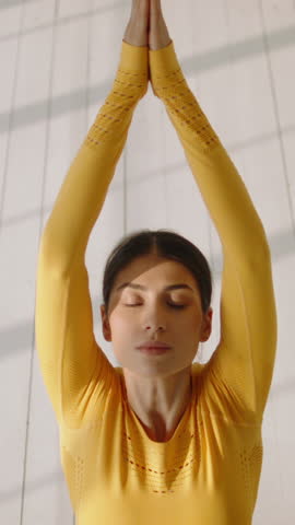 Yoga, Calm Beautiful Lady Yoga Meditation with Namaste in Studio for Holistic Wellness, Mindfulness or Spiritual Healing. Diversity Class or Praying Hands for Mental Health Balance, Peaceful or Zen