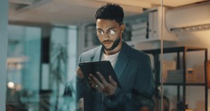Businessman, trader and night with tablet for investment, research or corporate finance at office. Happy man, employee or investor working late with smile on technology for financial app at workplace - Powered by Shutterstock - Get 15% off with code: PIKWIZARD15