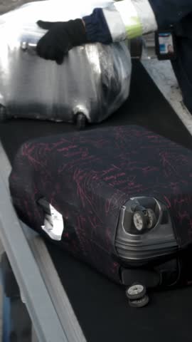 Airport employees unload suitcases, passengers luggage from conveyor belt of aircraft luggage compartment. close-up. arrival of the plane. at the airport.
