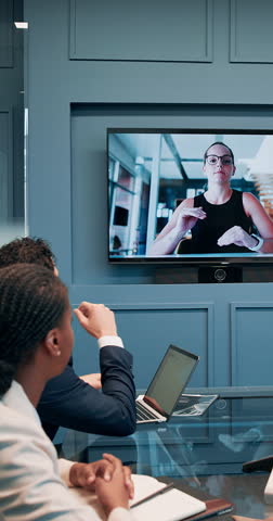 Video conference, monitor and business people in office for meeting, virtual discussion and conversation. Corporate, professional and men and women on call for networking, communication and webinar