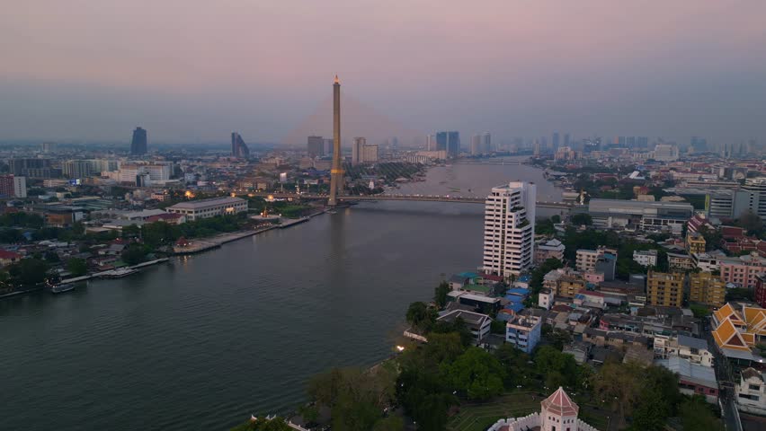 Rama VIII Bridge, Bangkok Chao Phraya River. Unique aerial view flight drone