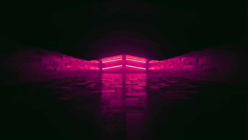Sci Fi Futuristic Laser Red Neon Glowing Lights Concrete Room Warehouse Corridor Underground Bunker Studio Showroom Camera Dolly Fly Empty Product Title Space Cyber Alien Spaceship 3D Animation