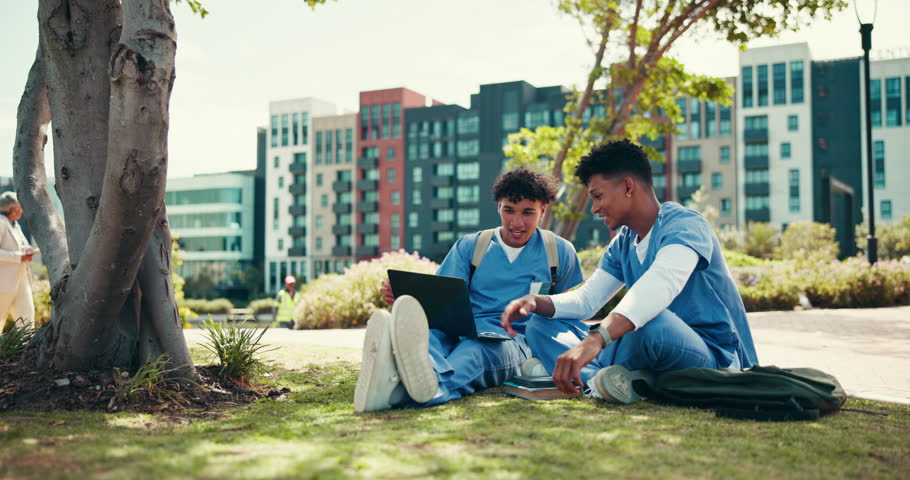 Students, doctors and learning with people and laptop in outdoor for internship, healthcare resident and scholarship. Medical, university and assignment with friends at teaching hospital for studying