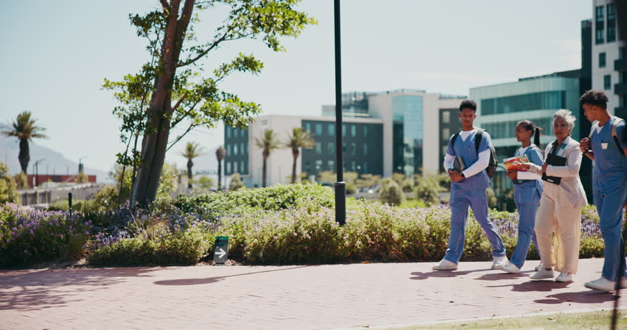 Walking, break or teacher in medical school with students, hospital internship or medicine study in university. Professor, talking or people with education tips or learning advice for nursing degree