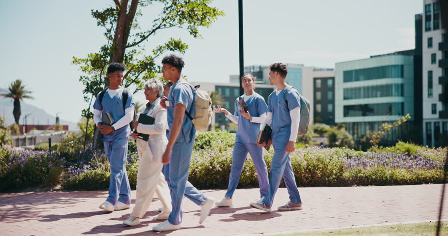 Walking, break or teacher in medical school with students, hospital internship or medicine study in university. Professor, talking or people with education tips or learning advice for nursing degree
