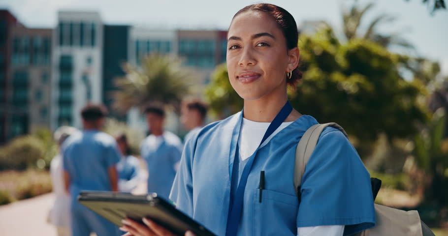 Face, college or happy woman for medical school, hospital internship or medicine in university. Portrait, proud or confident student with smile, education or learning bag for studying nursing degree