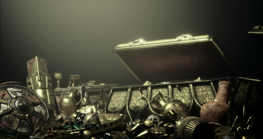 A treasure chest stands open, revealing an array of dazzling golden artifacts and ancient relics. The soft lighting highlights the intricate designs and rich history of the treasures.