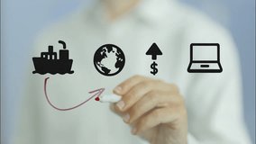 Businesswoman drawing interconnected global trade scheme on transparent screen, visualizing import export process with cargo ship, dollar symbol, and laptop against white background - Powered by Shutterstock - Get 15% off with code: PIKWIZARD15