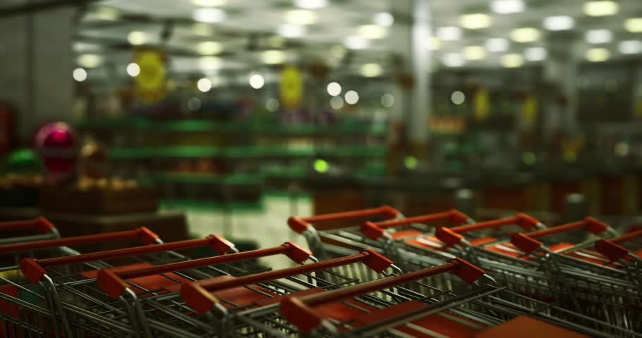 Rows of shopping carts are neatly arranged inside a grocery store. The background features blurred shelves stocked with various products while overhead lights illuminate the area.