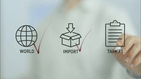 Businessman progressively connects icons of world, import, and tariffs on a transparent screen, emphasizing the interconnectedness of global trade, import processes, and tariff regulations - Powered by Shutterstock - Get 15% off with code: PIKWIZARD15
