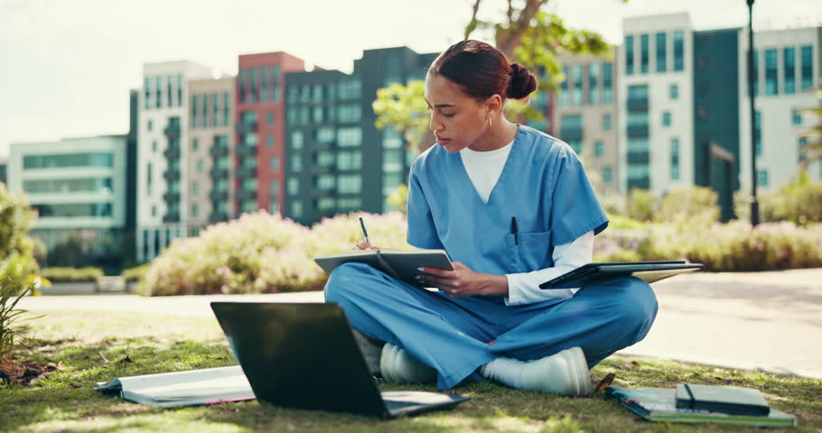 Writing, doctors and internship with woman and laptop in outdoor for research, healthcare resident and scholarship. Medical, university and assignment with person and notebook at hospital for study