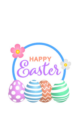 Happy Easter text logo animation with easter eggs and flowers on transparent background. Alpha channel included.