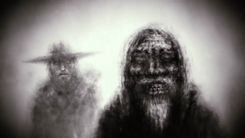 Gloomy characters in the fog. 2D animation in horror fantasy genre. Big fluffy dog. Dark place with fog and strange people. Cinematic background effect.