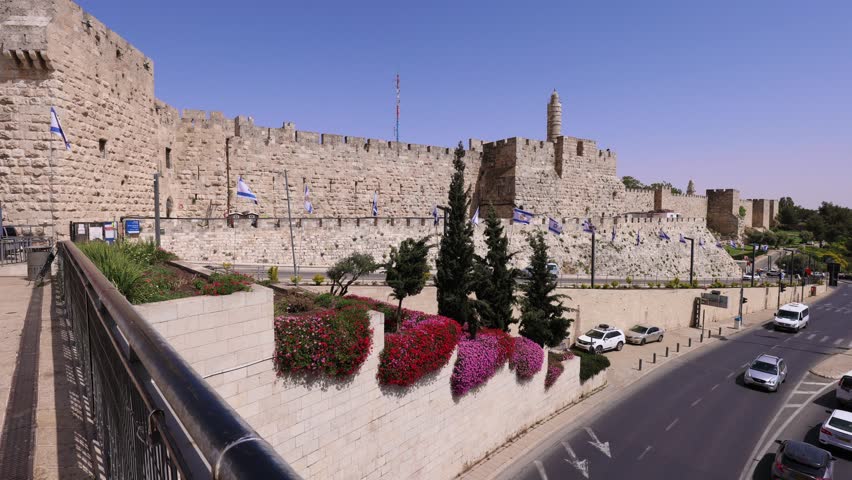 Jerusalem, Israel, landmark citadel Migdal David Tower of David in Old City near Jaffa Gate.