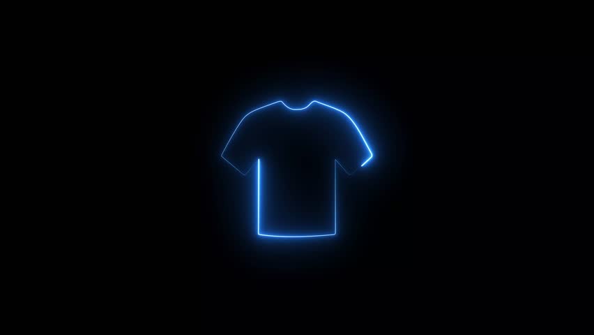 Neon Glowing t-shirt icon on black background, 4K Video motion graphic animation. T Shirt icon in Led light. Clothes shop, shopping center, market, fabric factory advertising design element.