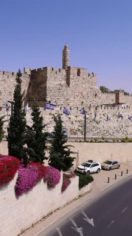 Jerusalem, Israel, landmark citadel Migdal David Tower of David in Old City near Jaffa Gate.