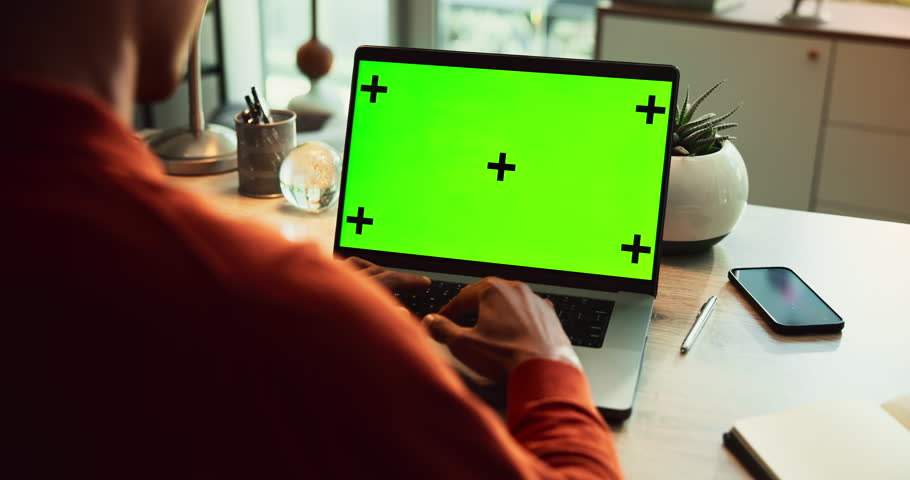 Man, hands and laptop green screen in office for business, connectivity and research mockup. Person, typing and computer with tracking markers for ecommerce, software update and internet banking