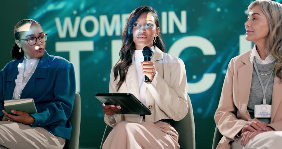 Business people, conference and women in tech with tablet, speech or trade show. Female empowerment, corporate gender equality and group with speaker at summit, presentation and advice at workshop