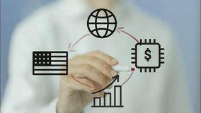 Businessman illustrating the correlation between global trade, technological advancement, and economic growth in the united states, drawing connections on a transparent screen - Powered by Shutterstock - Get 15% off with code: PIKWIZARD15