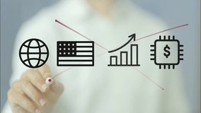 Businessman analyzing american tariffs and taxation on semiconductor imports, drawing increasing bar graph and crossing out globe and usa flag on transparent screen - Powered by Shutterstock - Get 15% off with code: PIKWIZARD15