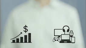 Businessman drawing increasing red arrows over consumer electronics like laptop, headphones, gamepad, smartwatch and a rising price chart, suggesting a price increase - Powered by Shutterstock - Get 15% off with code: PIKWIZARD15