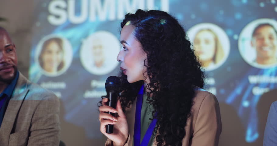 Woman, mic and speech for conference event of discussion, coaching audience and public speaking. Presenter, people and pitch for stage forum, global learning and convention lecture of planet wellness