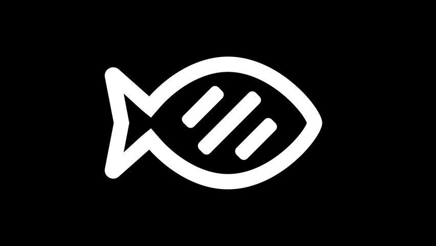 Icon fish cooked is distorted. Glitch. Noise, chromatic aberration, geometric distortion. Transparent background, looped. In-Out looped. Alpha BW at the end