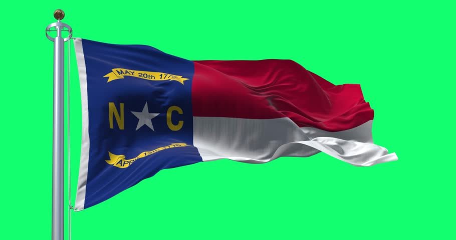North Carolina state flag waving isolated on green background. Seamless 3D render animation. Chroma key. Slow motion loop. Green screen. 4K. Selective focus