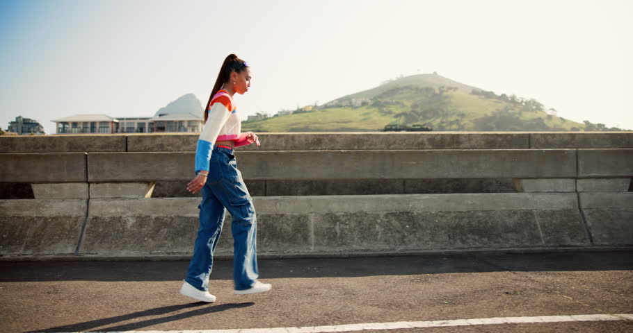 Dance, energy and gen z with woman in city for freedom, inspiration and creative talent. Performance, streetwear and hip hop dancer with person for celebration, teenager and music expression