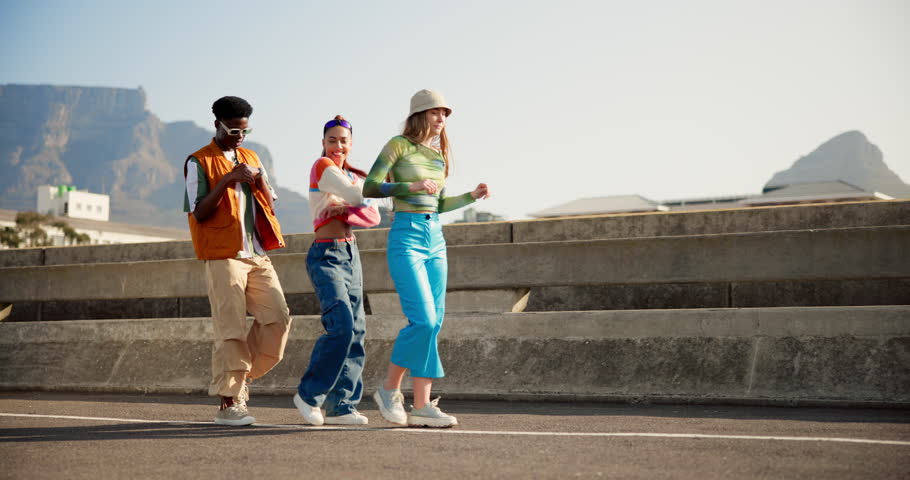 Dance, energy and youth with friends in city for freedom, inspiration and creative talent. Performance, streetwear and hip hop dancer crew with people for celebration, teenager and music expression