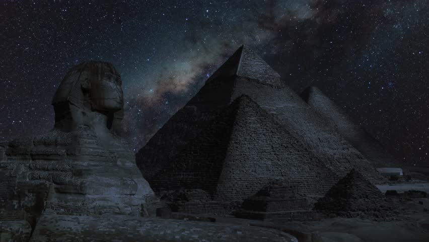 Timelapse of the great pyramids in Giza valley, Cairo, Egypt HD stock video. Giza Pyramids, Ancient Egyptian Culture. The Great Pyramids of Giza. Egypt Great Pyramid of Giza and Milky Way Galaxy.