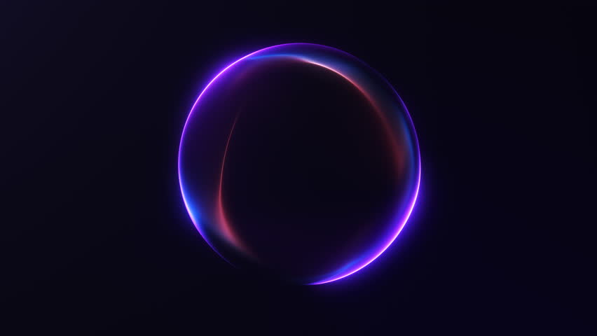 Shiny energy plasma particles orb on dark minimalitic business background. Gradient neon flowing magic sphere with purple and blue shiny waveforms. 4k 60fps looped graphic. 