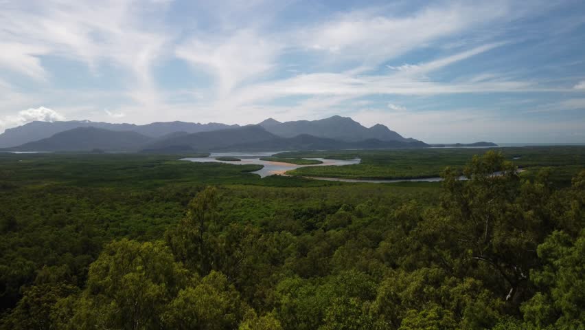 Pristine Beautiful Australian Coastal Landcape with mangroves, rivers and islands - Hinchinbrook Island Nationalpark from Above with blue sky