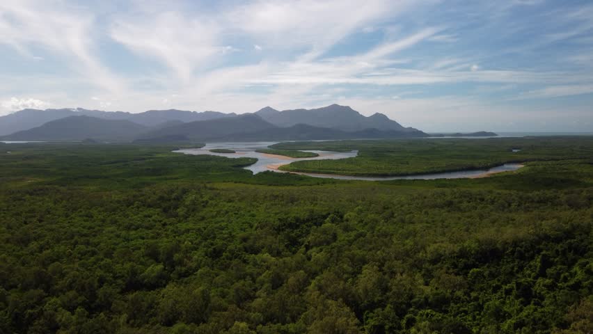 Pristine Beautiful Australian Coastal Landcape with mangroves, rivers and islands - Hinchinbrook Island Nationalpark from Above with blue sky