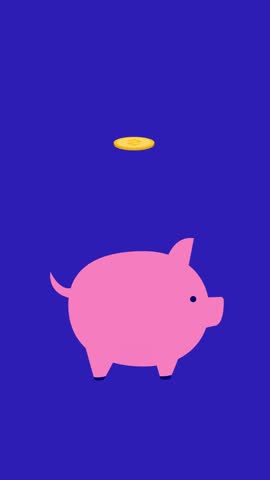 Animation of a gold coin falling and entering a pink piggy bank, symbolizing saving and investment on a vibrant blue background