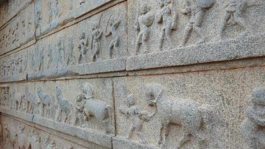 Hazara Rama Temple’s walls with Ramayana carvings and Dasara relics, Hampi