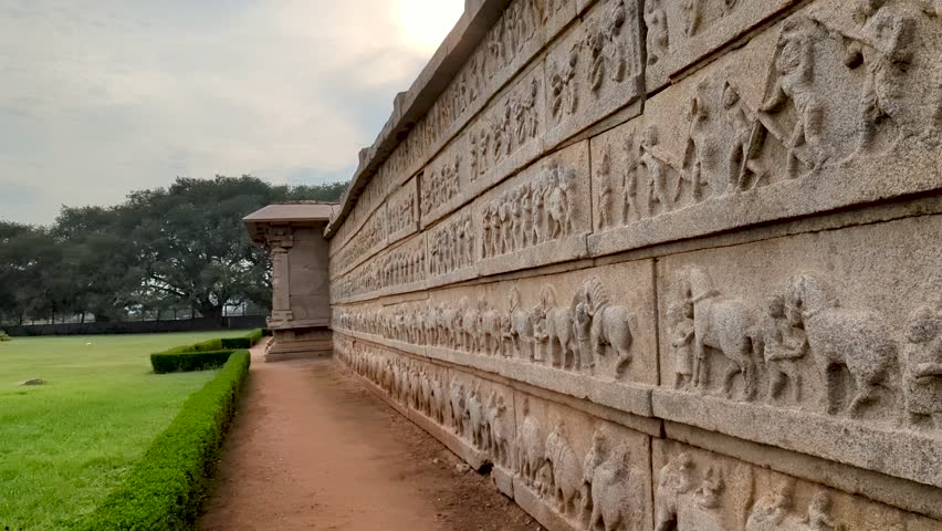 Hazara Rama Temple’s outer walls with Ramayana carvings and Dasara relics, Hampi