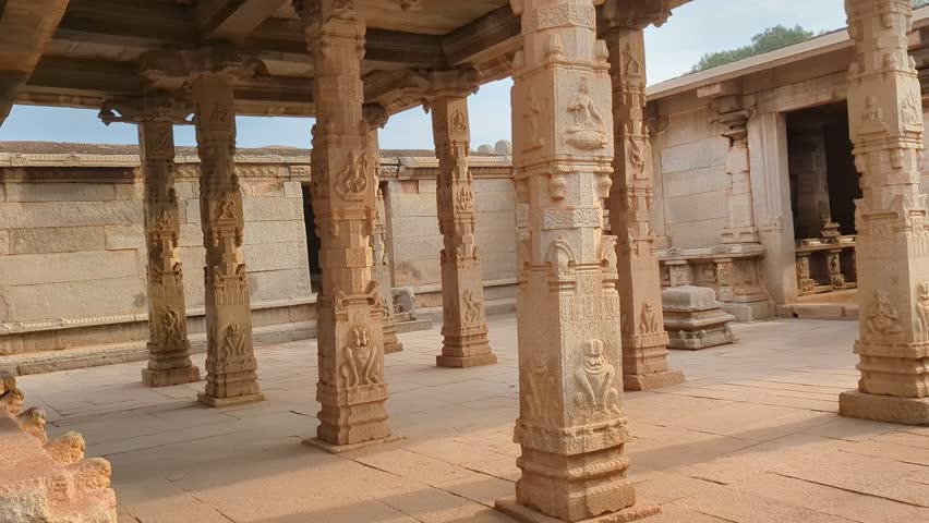 Open courtyard with pillars and sky view at Hazara Rama Temple, Hampi, India