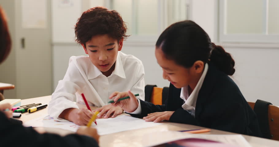 Japanese, kids and students writing, smart and education with help, growth and knowledge. Academic, Asian children and friends with documents, school and development with smile, talking and studying