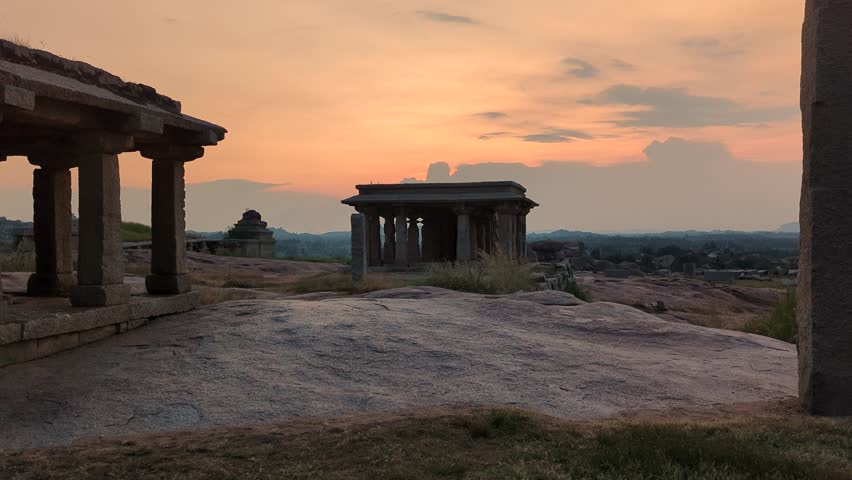 Hemkuta Hill Sunset with Historic temple Architecture in Hampi, Karnataka, India