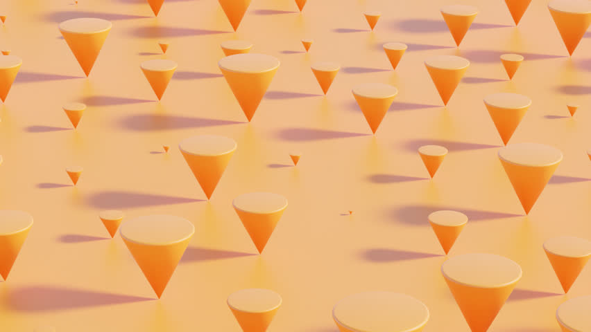 Abstract 3D Inverted Orange Cones of Various Sizes in Geometric Grid Sliding on Vibrant Surface — Seamless Monochrome Loop