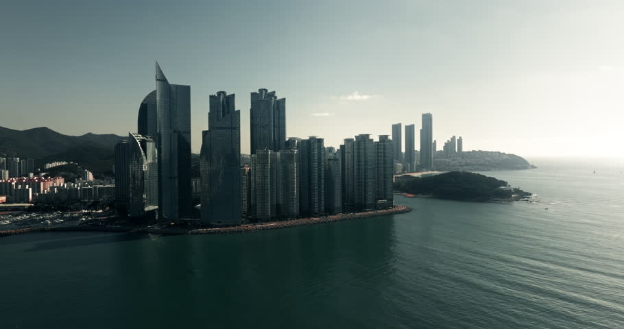 Drone view of skyscrapers and beach in Haeundae, Busan, South Korea