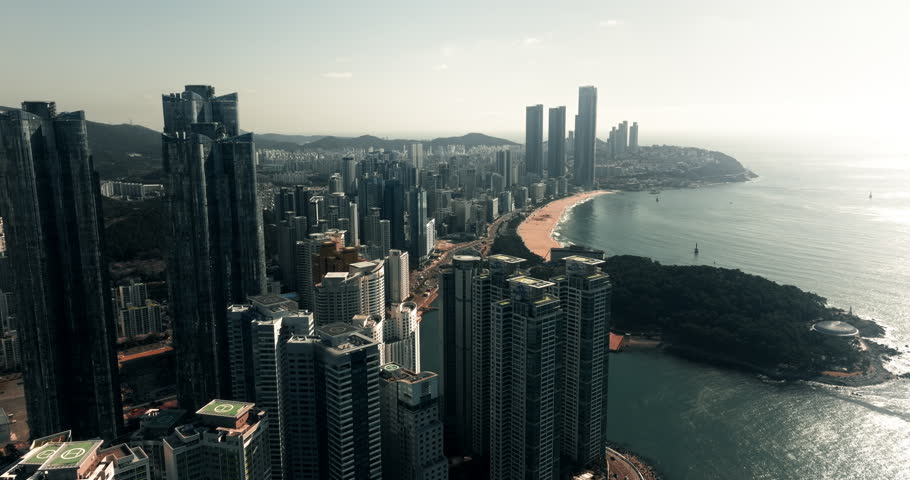 Drone view of skyscrapers and beach in Haeundae, Busan, South Korea